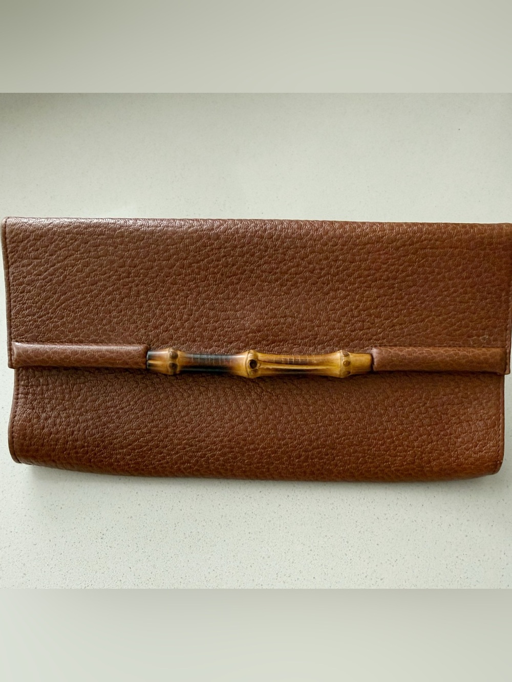 Authentic Vintage GUCCI Brown Grained Leather Bamboo Bar Envelope Clutch Bag